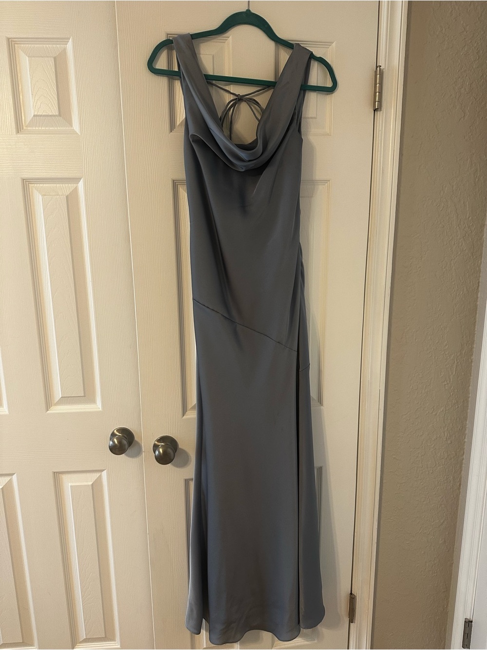 Azazie Dusty Blue Satin Cowl Neck Gown - Picture 3 of 4